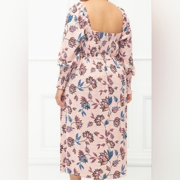 ELOQUII Elements Smocked Floral Print Blush Pink Midi Dress Sz 18 20 18/20 or 2X - Picture 4 of 11